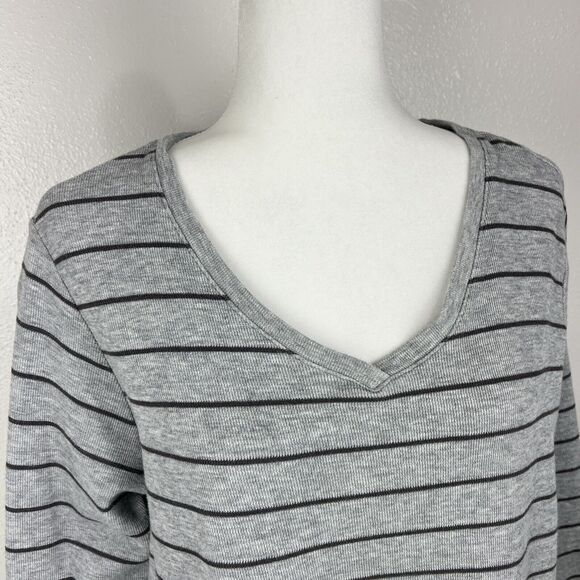 J Jill Sweater Women Extra Large Grey Striped Knit V-Neck Pullover Front Pockets - Picture 7 of 13